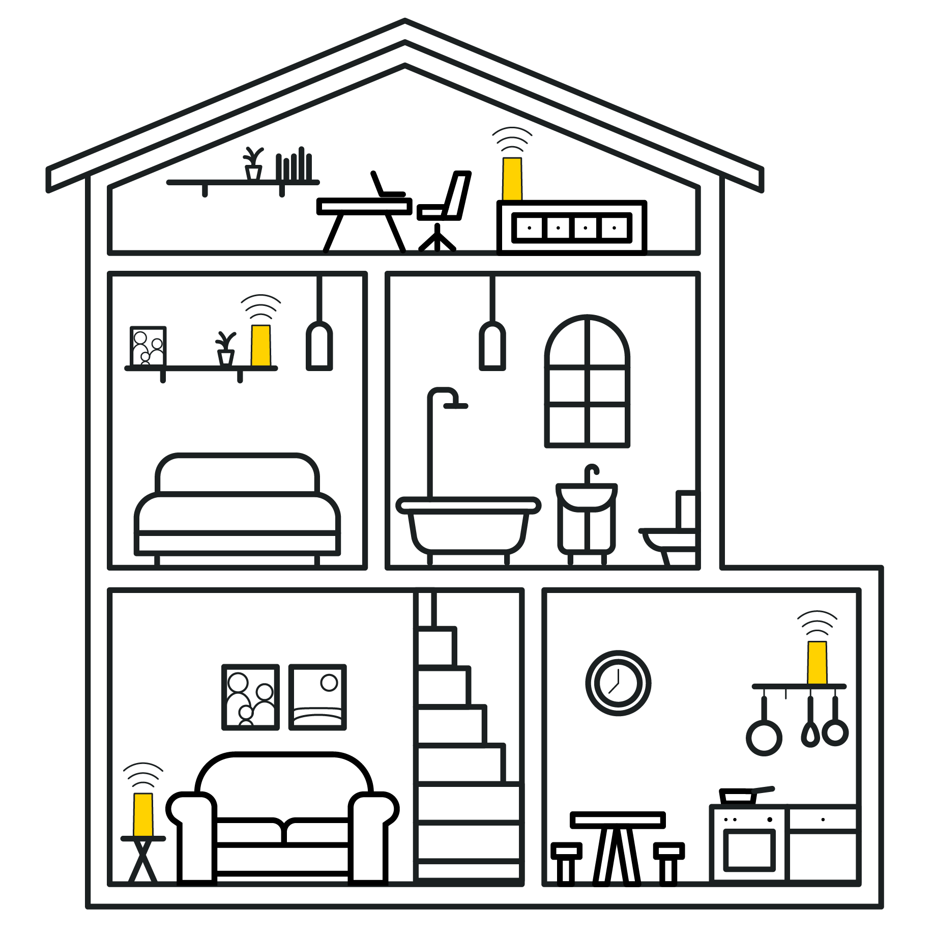 Illustration of a cross section of a cartoon home so we can see inside all of the rooms, a downstairs living room and kitchen, a bedroom and bathroom on the second floor and an office on the attic floor. The living room, kitchen, bedroom and study all have a yellow Conenct Fibre mesh node in them and are shown to be boosting the signal around the home.