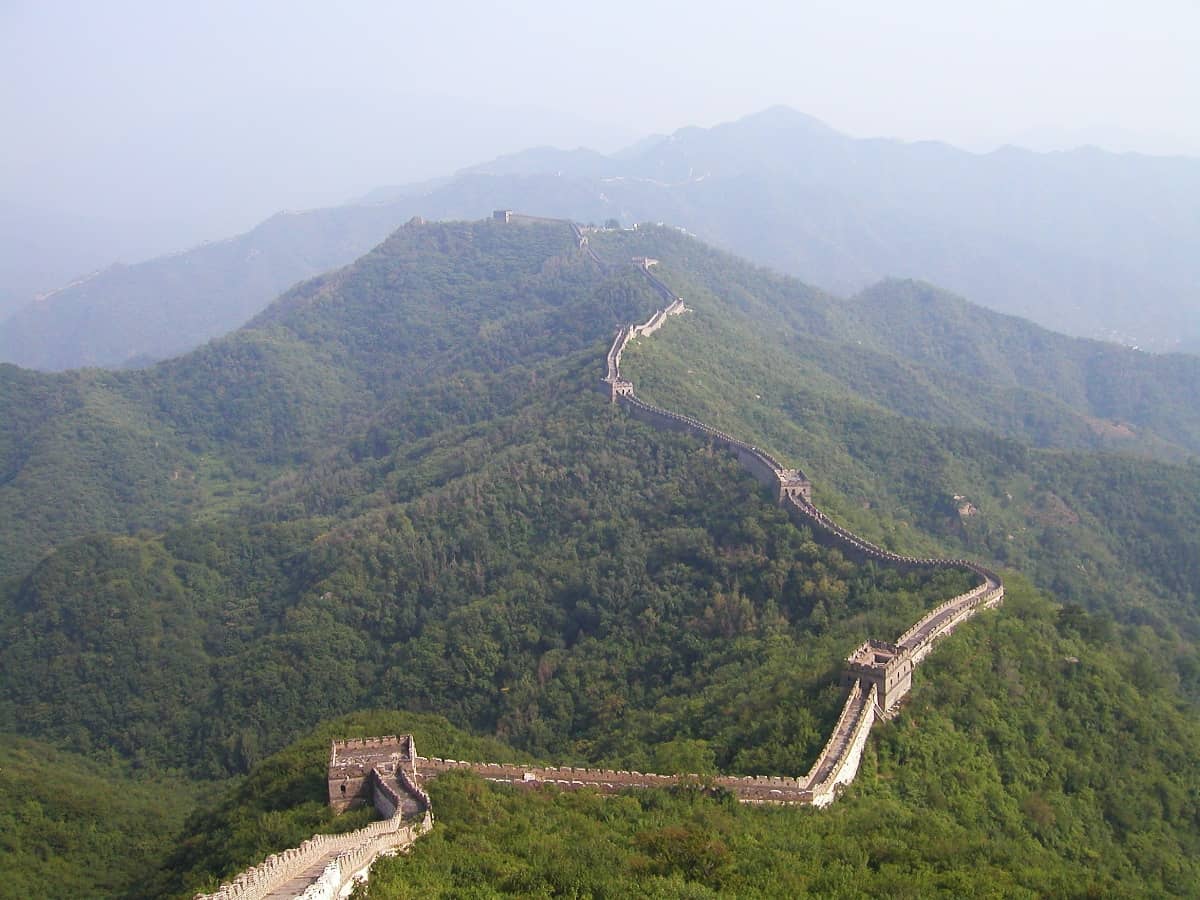 View of the Great Wall of China cascading across the mountains